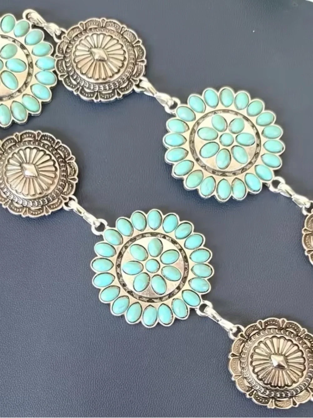 Western Belt Turquoise Floral Medallion Statement Belt